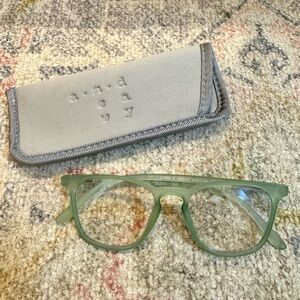 Target brand blue light glasses 

Teal/green color 
Comes with travel case